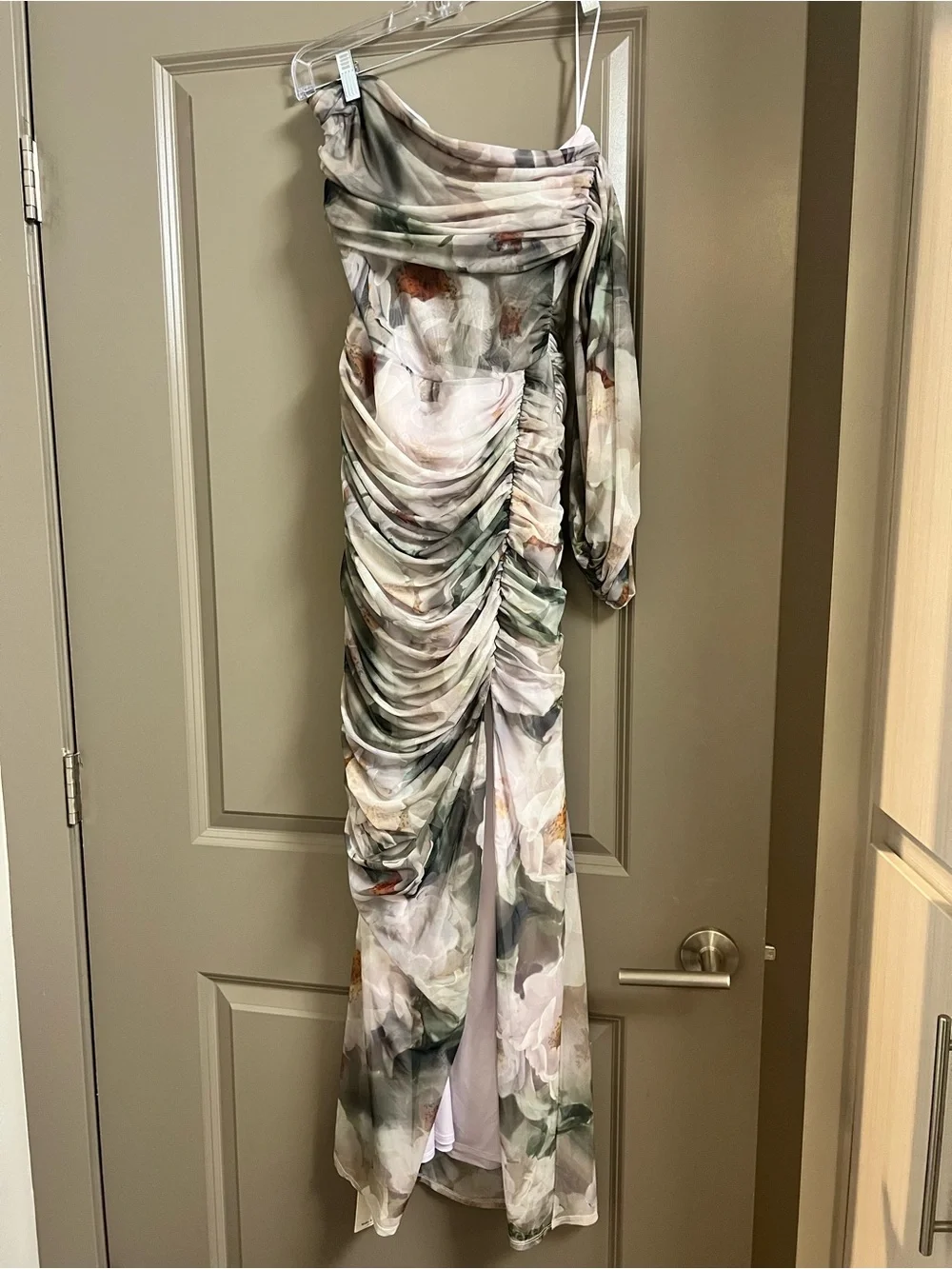 ABERCROMBIE & FITCH Mesh Asymmetrical Off-the-shoulder Draped Maxi Dress Small